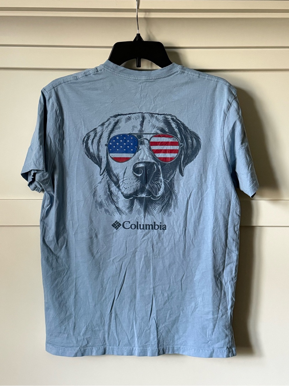 Columbia Light Blue Dog Graphic Tee with American Flag Sunglasses